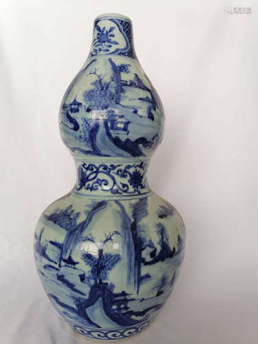 BLUE AND WHITE 'LANDSCAPE SCENERY' DOUBLE GOURD VASE