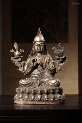 SILVER CAST JE TSONGKHAPA SEATED FIGURE