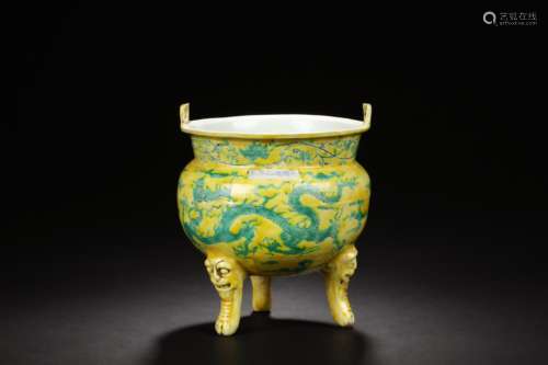 YELLOW GROUND GREEN GLAZED 'DRAGONS' TRIPOD CENSER