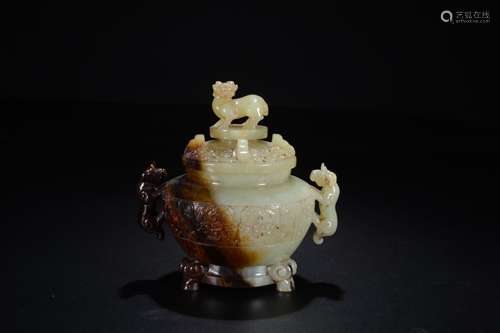 ARCHAIC JADE CARVED 'CHILONG' TRIPOD CENSER WITH LID AND HANDLES