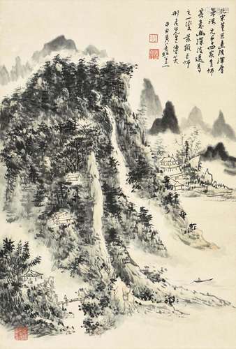 HUANG BINHONG: FRAMED INK ON PAPER PAINTING 'MOUNTAIN SCENERY'