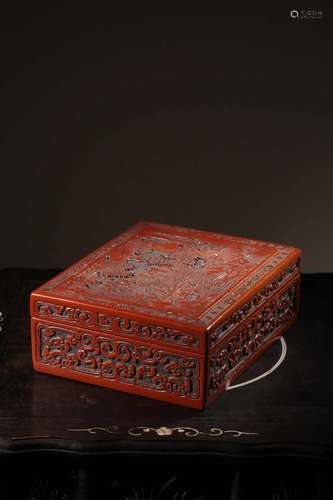 CINNABAR LACQUER AND CARVED 'LANDSCAPE SCENERY' BOX WITH COVER