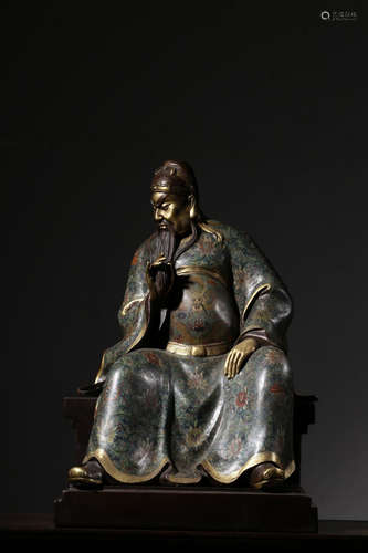 CLOISONNE ENAMELED AND FILIGREE 'GUAN GONG' SEATED FIGURE