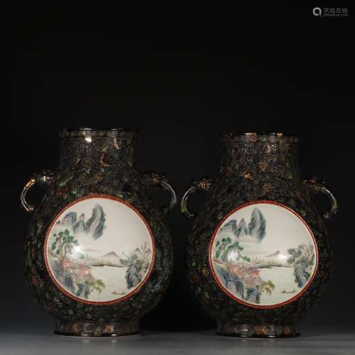 PAIR OF GILT BRONZE CAST OPEN MEDALLION 'LANDSCAPE SCENERY' ZUN VASES WITH HANDLES