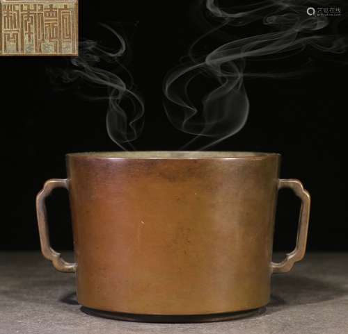 BRONZE CAST CYLINDRICAL CENSER WITH HANDLES