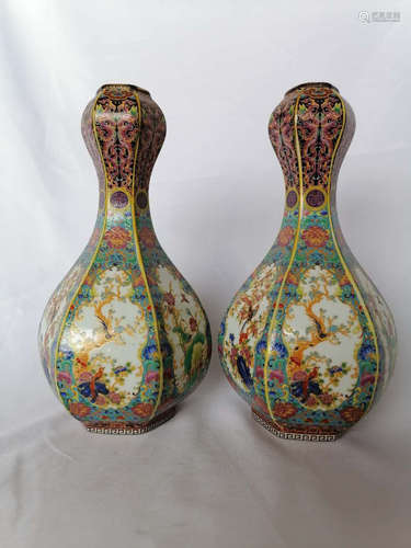 PAIR OF FAMILLE ROSE AND GILT OPEN MEDALLION 'FLOWERS' GARLIC HEAD VASES