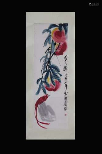 QI BAISHI: INK AND COLOR ON PAPER PAINTING 'BIRD AND PEACHES'