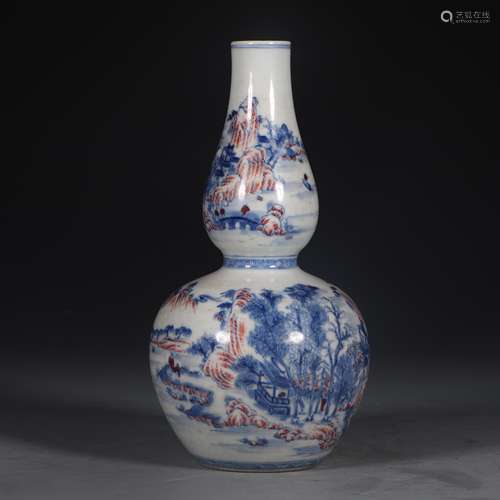 BLUE AND WHITE UNDERGLAZED RED 'LANDSCAPE SCENERY' DOUBLE GOURD VASE