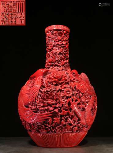 CINNABAR LACQUER-LIKE PORCELAIN CARVED 'PHOENIX' VASE