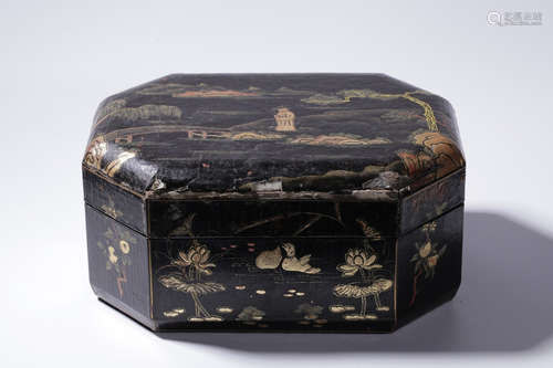 APPLIQUE LACQUER 'SCENERY' WOODEN BOX