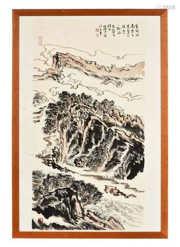 LU YUANSHAO: FRAMED INK AND COLOR ON PAPER PAINTING 'LANDSCAPE SCENERY'