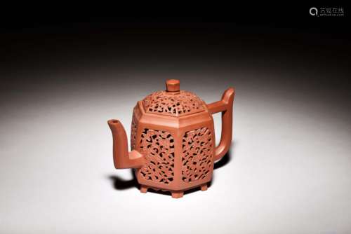 YIXING ZISHA OPENWORK CARVED 'FLOWERS' HEXAGONAL TEAPOT