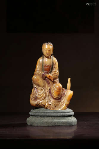 SHOUSHAN SOAPSTONE AND PAINTED GUANYIN SEATED FIGURE