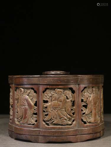 WOOD OPEN CARVED AND BAMBOO INSET 'EIGHT IMMORTALS' BOX WITH COVER