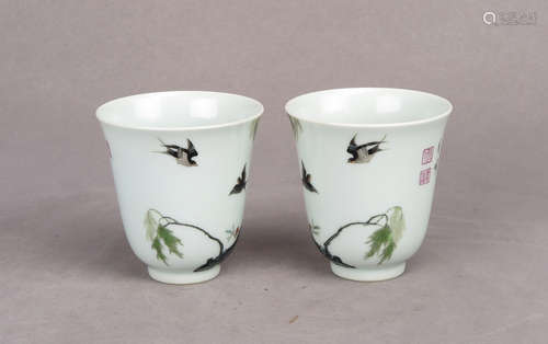 PAIR OF FAMILLE ROSE 'SWALLOWS AND CALLIGRAPHY' CUPS