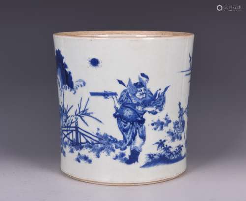 BLUE AND WHITE 'ZHONG KUI' BRUSH POT