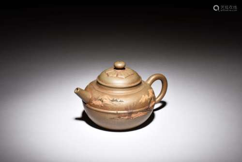 YIXING ZISHA 'LANDSCAPE SCENERY & CALLIGRAPHY' TEAPOT