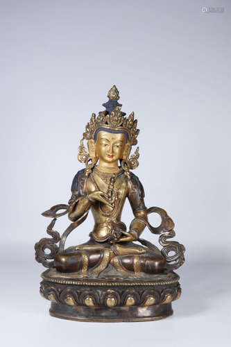 GILT BRONZE CAST AND PAINTED 'TARA' SEATED FIGURE