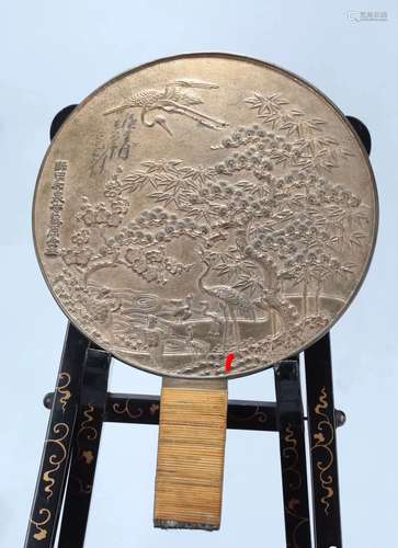 JAPANESE SHOWA PERIOD BRONZE CAST MIRROR WITH APPLIQUE WOOD STAND