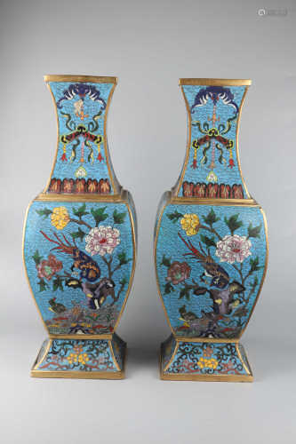 A pair of cloisonne square button flower decorative bottles