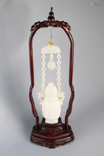 Hetian jade white jade double ear chain bottle