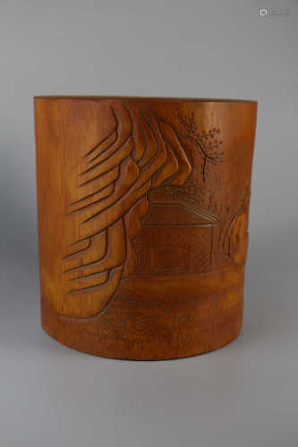 Bamboo pen holder with carved figures