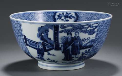 A CHINESE BLUE AND WHITE BOWL WITH FIGURE PATTERN