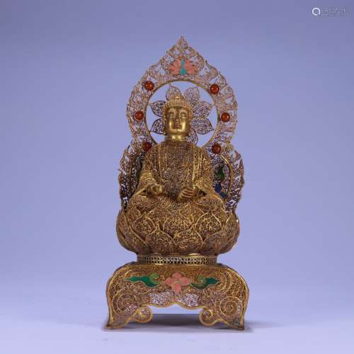 A CHINESE GILT SILVER BUDDHA WITH FLOWER PATTERN