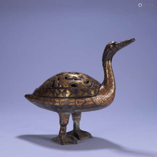 A CHINESE SILVER CENSER WITH CRANE SHAPE AND GOLDEN PAINTING