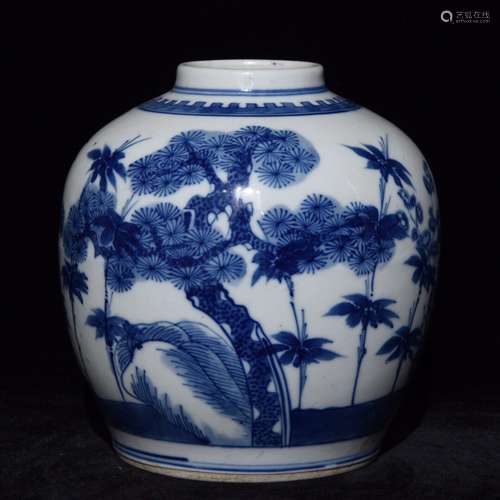 A CHINESE BLUE AND WHITE JAR WITH BAMBOO PATTERN