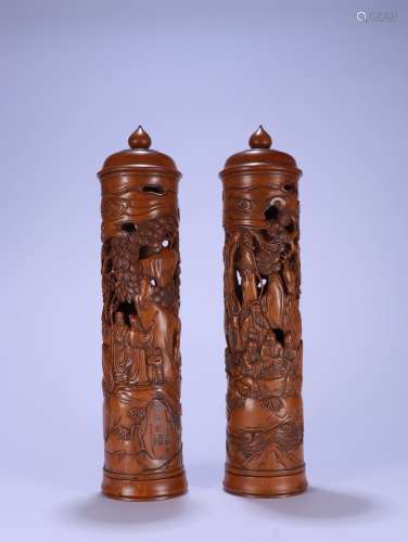 A CHINESE BOXWOOD INCENSE HOLDER WITH STORY CARVING