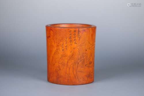 A CHINESE BOXWOOD BRUSH POT WITH FIGURE AND POTERY PATTERN