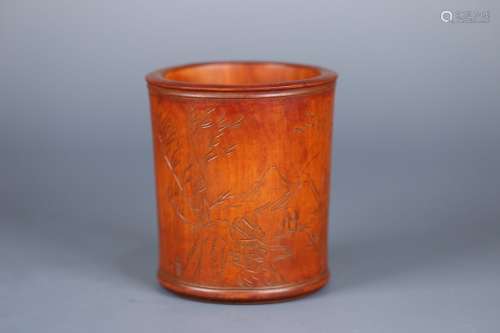 A CHINESE BOXWOOD BRUSH POT WITH FIGURE AND POTERY PATTERN