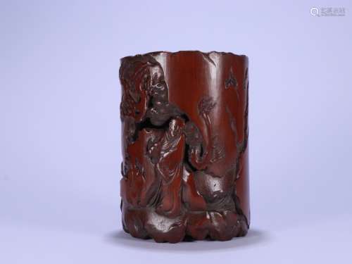 A CHINESE BAMBOO BRUSH POT WITH STORY PAINTING