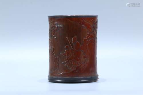 A CHINESE BAMBOO BRUSH POT WITH STORY PAINTING AND MARK