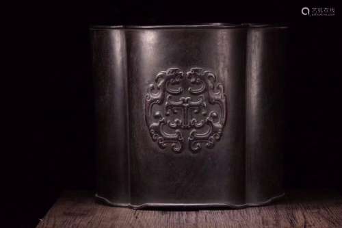 A CHINESE ZITAN WOOD BRUSH POT WITH PLUM FLOWER SHAPE