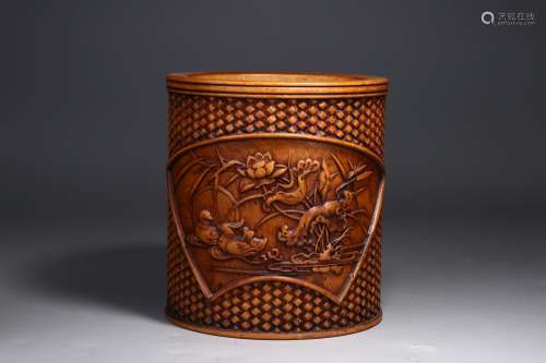 A CHINESE BOXWOOD BRUSH POT WITH MANDARIN DUCK CARVING
