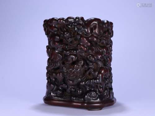 A CHINESE ZITAN WOOD BRUSH POT WITH FLOWER PATTERN