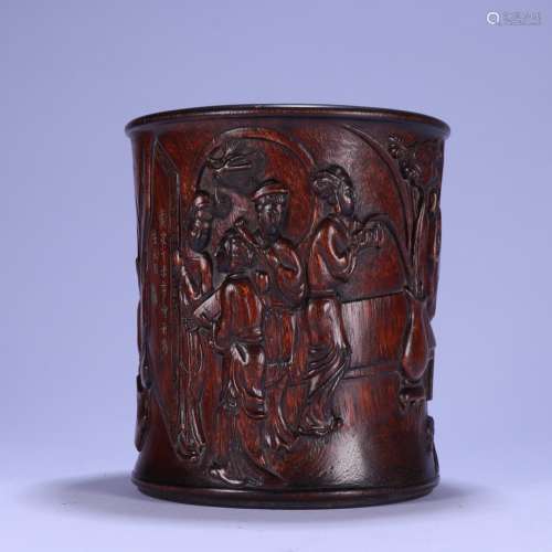 A CHINESE AGARWOOD BRUSH POY WITH STORY PATTERN