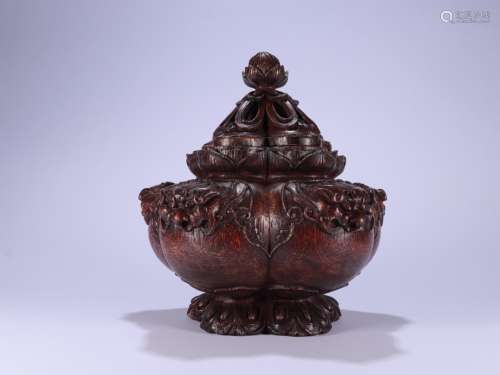 A CHINESE AGARWOOD CENSER WITH LOTUS PATTERN