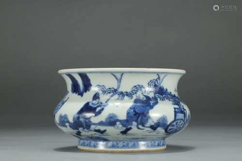 A CHINESE BLUE AND WHITE BRUSH WASHER WITH STORY PAINTING