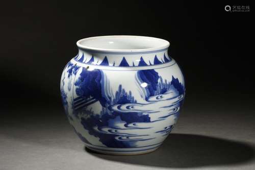 A CHINESE BLUE AND WHITE JAR WITH STORY PAINTING