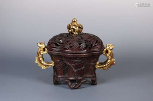 A CHINESE AGARWOOD EAR CENSER WITH BAMBOO PATTERN