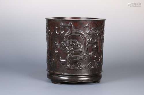 A CHINESE ROSEWOOD BRUSH POT WITH DRAGON CARVING