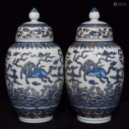 PAIR OF CHINESE BLUE AND WHITE GILT JAR WITH BEAST PATTERN