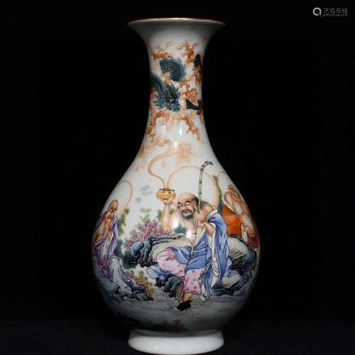 A CHINESE FEN CAI YUHUCHUN VASE WITH ARHAT PAINTING