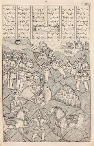 An impressive lithographed copy of Firdausi's Shahnama, with 58 illustrations, by the scribe Muhammad Ibrahim Port of Bombay, published through Muhammad Aqa Baqir, in the print house of 'Abd al-Ghafur, known as Dadu Miyan ibn Muhammad 'Abdullah Dahayili, dated the first day of Jumadi II 1272/8th February 1856