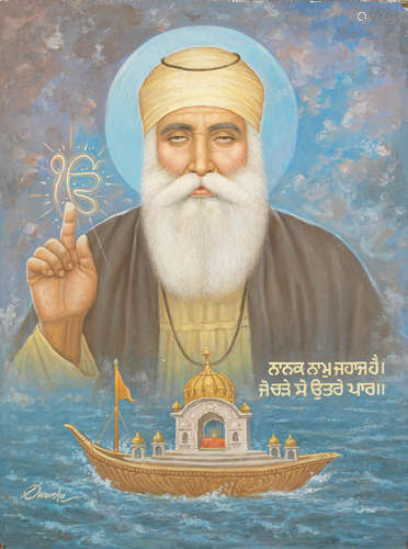 Guru Nanak, as guide and teacher, raising his hand in benediction North India or Punjab, by the artist Dwarka Dass, last quarter of the 20th Century