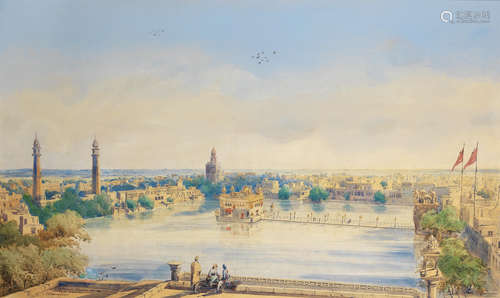 A rare and large panoramic watercolour view of the Golden Temple and the city of Amritsar, 19th Century attributed to Cyril Wiseman Herbert (British, 1847-1882)