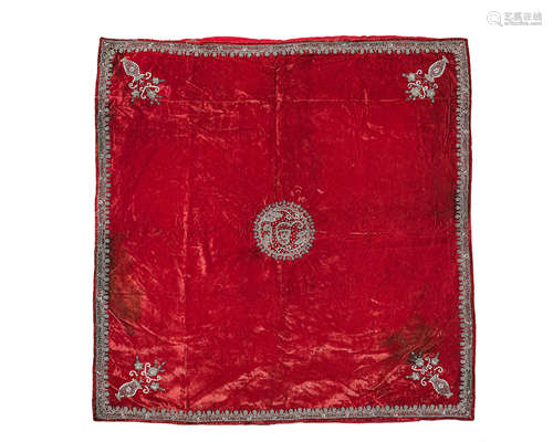 A metal-thread embroidered velvet panel incorporating the phrase Ik Oankar Punjab, 19th Century